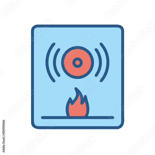 Flat vector icon of a fire alarm with alert and flame symbols