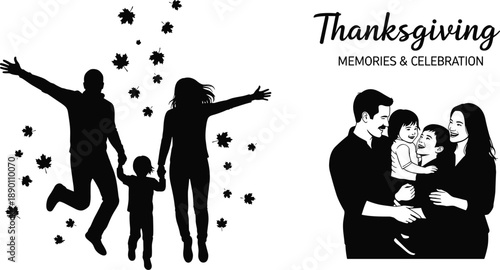 Black and white family celebrating Thanksgiving with falling leaves and text celebration