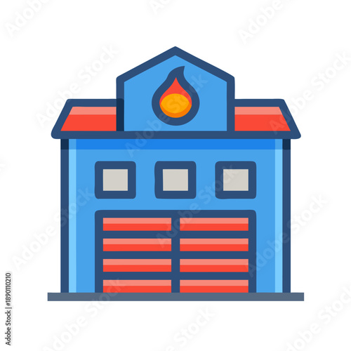 Stylized blue and red fire station graphic illustration with flame symbol