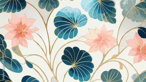 Vibrant floral pattern with pink flowers and blue green leaves on white background