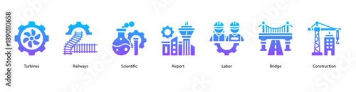 Infrastructure and Transportation web banner icon vector illustration featuring Turbines, Railways, Scientific, Airport, Labor, Bridge, and Construction.