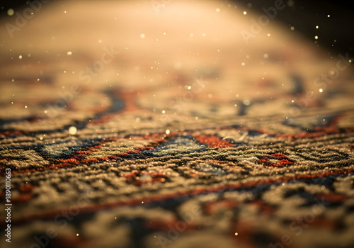 Macro abstract background of carpet texture with golden dust and bokeh