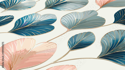 Vibrant modern leaf composition with colorful blue and pink leaves on white background
