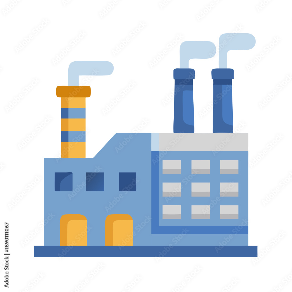 Fototapeta premium Modern flat design illustration of a blue factory with chimney stacks emitting smoke