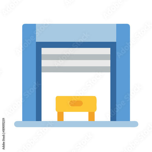 Illustration of an automotive garage with light-blue doors and an interior stool