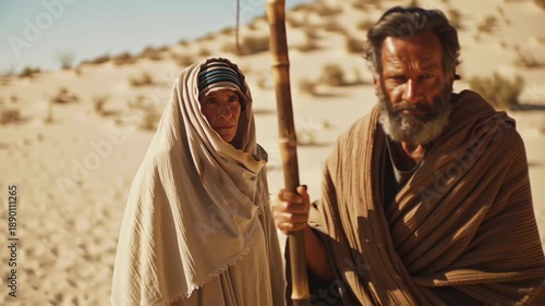 Ancient israeli man and woman stand close with a staff in arid desert for biblical history or spiritual journey