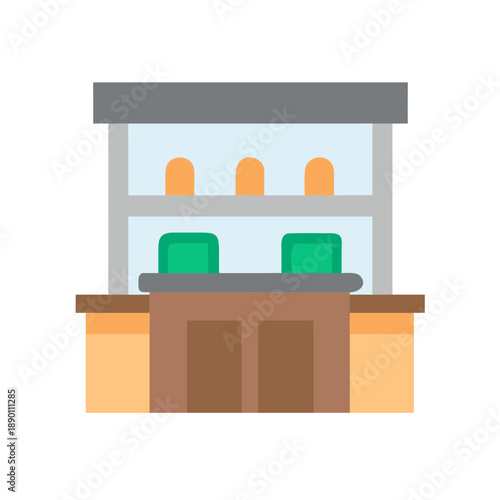 Flat design icon of store front with various product displays on shelves