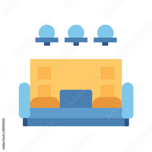 A blue and yellow flat illustration of an indoor cinema with seats