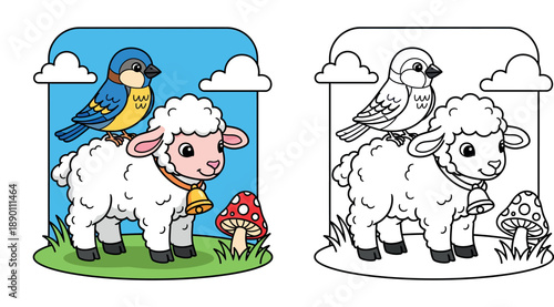 Cute cartoon sheep with golden bell and blue bird sitting on back, happy animal friendship illustration near red mushroom in nature, vector art for kids.