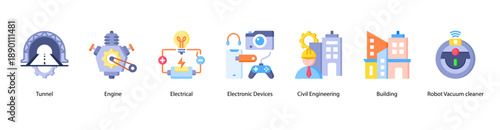 Applied Engineering Technology web banner icon vector illustration featuring Tunnel, Engine, Electrical, Electronic Devices, Civil Engineering, Building, and Robot Vacuum Cleaner.