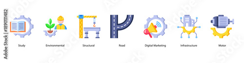 Modern Engineering Fields web banner icon vector illustration featuring Study, Environmental, Structural, Road, Digital Marketing, Infrastructure, and Motor.