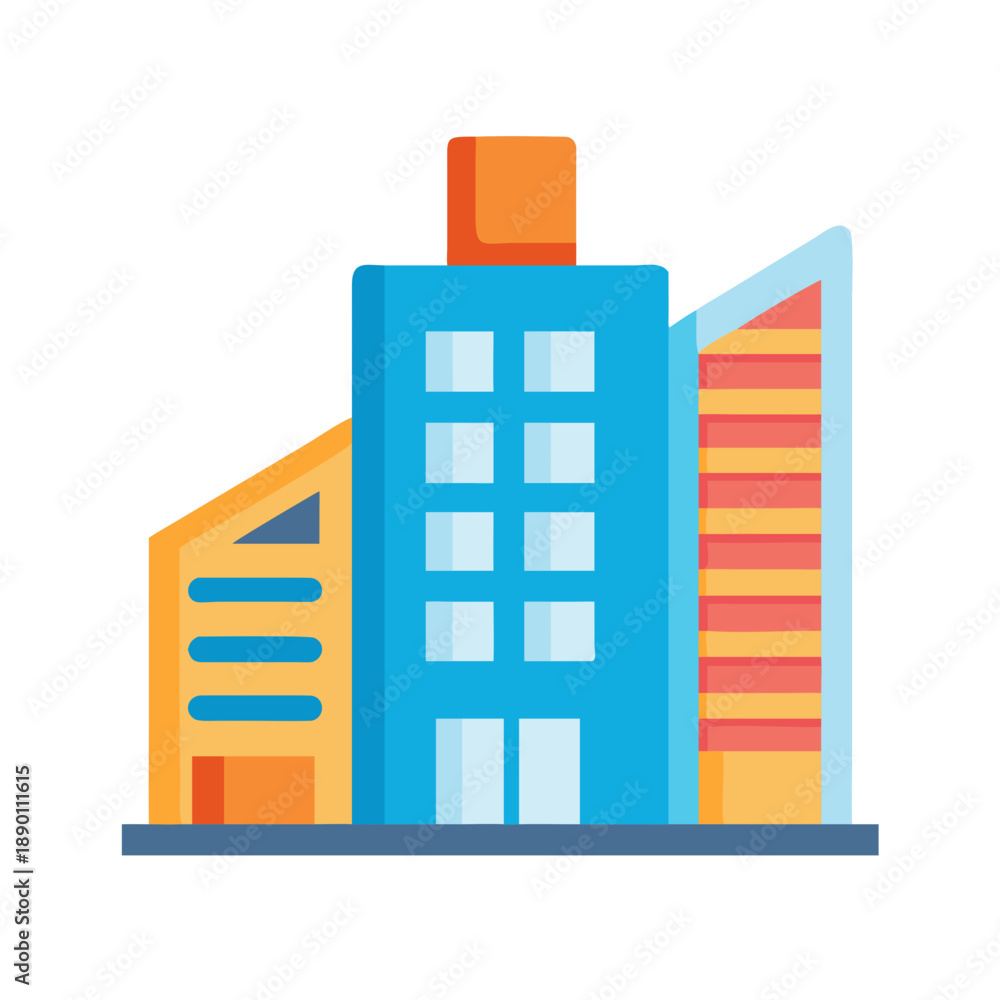 Naklejka premium Flat design colorful city office buildings on black background isolated illustration