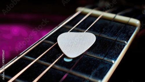 Close-up of a white guitar pick resting on the strings of a fretboard. Concept Close-Up Guitar Detail, White Pick on Strings, Fretboard Texture, Musical Gear Photography, Stringed Instrument Focus