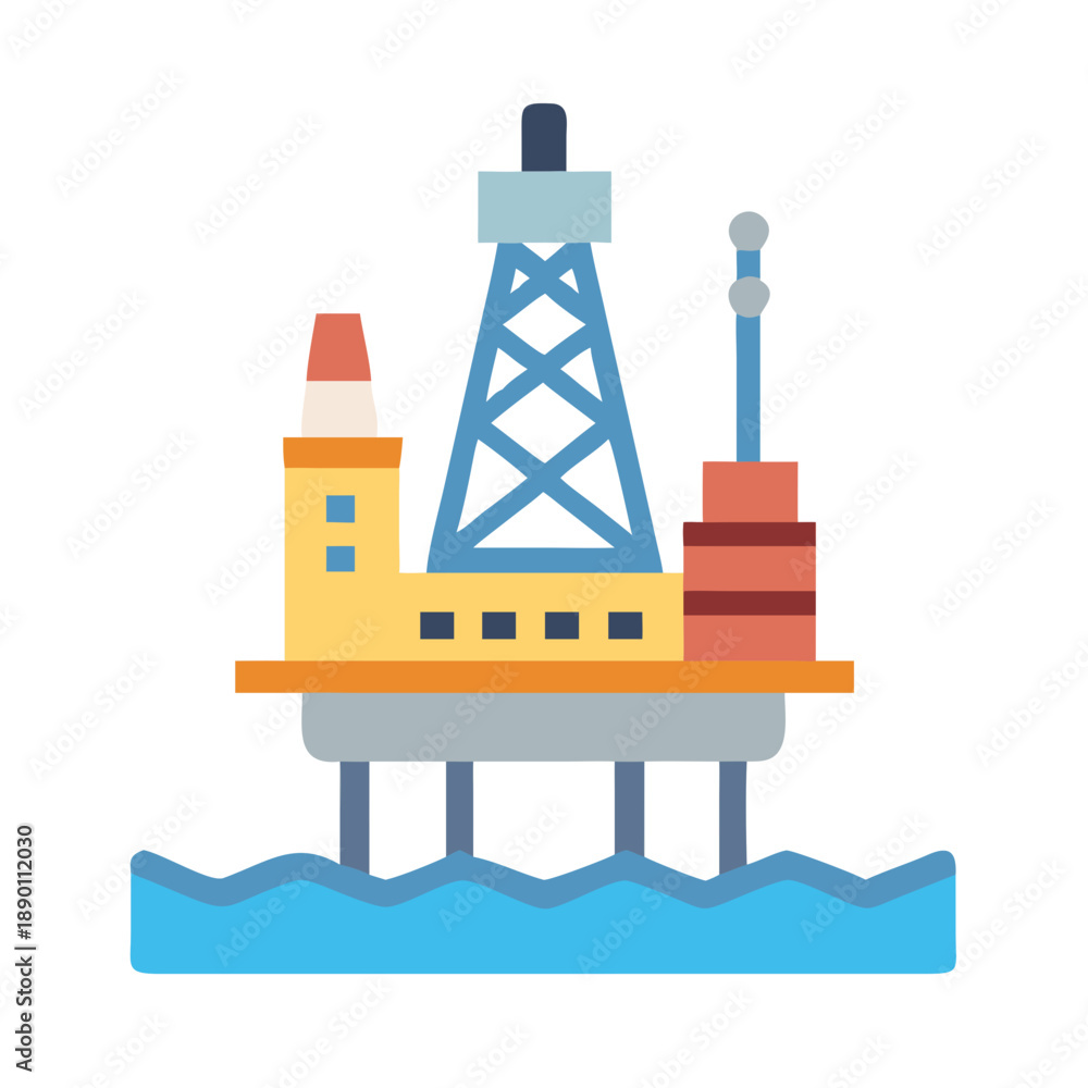 Naklejka premium Offshore oil rig platform illustration in flat vector style on black background