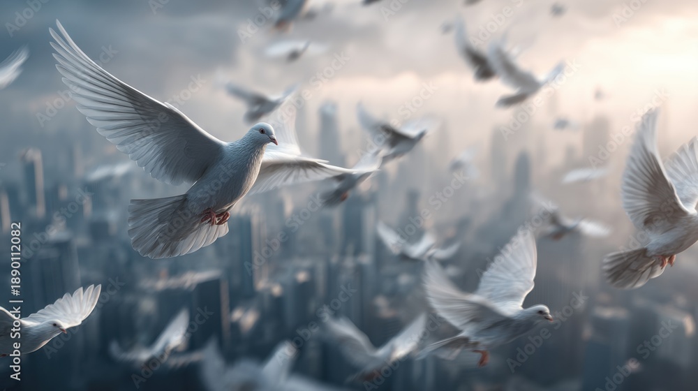 Obraz premium Aerial view of flock of doves soaring over city skyline urban landscape nature's serenity dynamic perspective peaceful flight