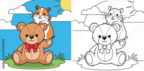 Cute cartoon hamster climbing on brown teddy bear with red bow tie, happy pet and toy friendship illustration under sunny sky, vector art for kids.