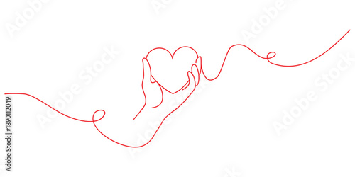 Hearts in hand, continuous line drawing. Love, help, charity, support outline , valentine's day