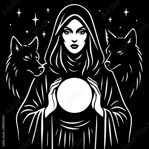 Fortuneteller with Wolves: Hooded woman with a glowing orb and wolf companions.