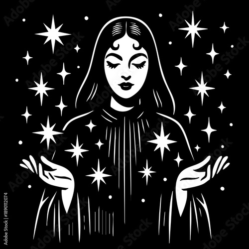 Witchy Woman: Gothic woman with stars flowing from her hands.