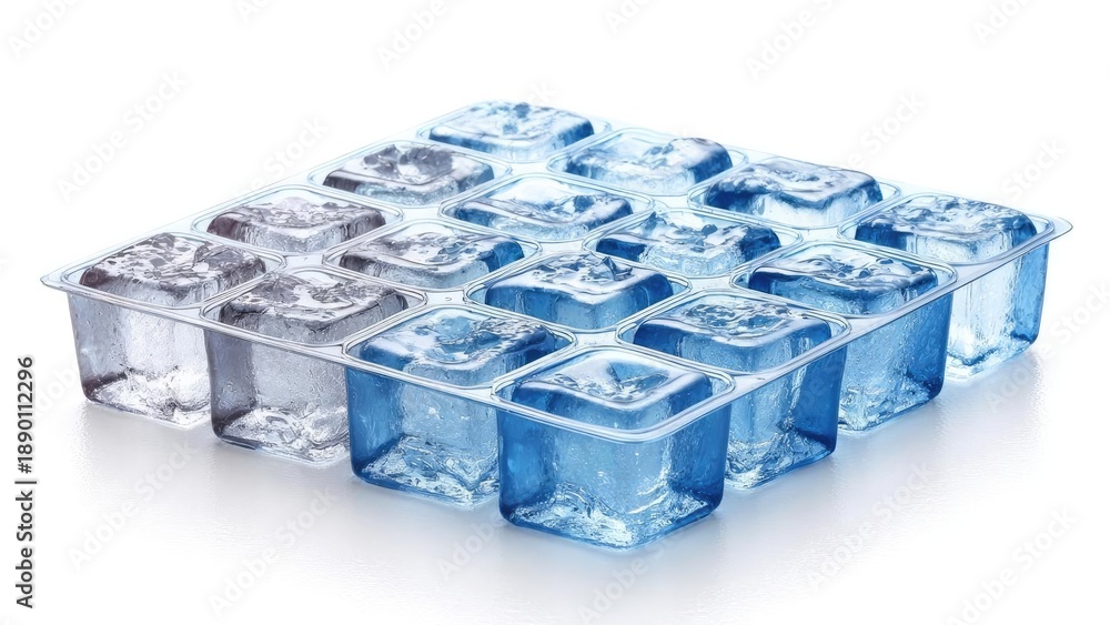 Fototapeta premium Blue-tinted ice cubes in a clear plastic ice tray. Concept Blue-tinted ice cubes, Clear plastic ice tray, Icy textures, Cold beverage aesthetics, Translucent blue ice