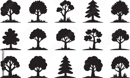 Collection of diverse tree silhouettes in black on white background