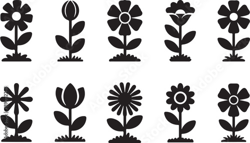 Collection of 10 black silhouette flowers on white background