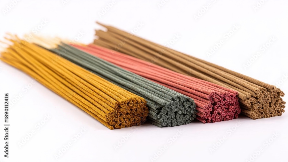 Obraz premium Colorful incense sticks arranged in bundles. Concept Colorful Incense Bundles, Aromatic Smoke, Ritual Decor, Vibrant Hues, Calming Atmosphere