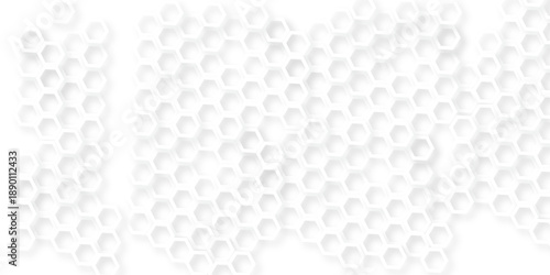 White Hexagonal Background. Luxury White Pattern. Futuristic honeycomb mosaic white background. Abstract embossed hexagon. Surface polygon pattern with glowing hexagon paper texture.