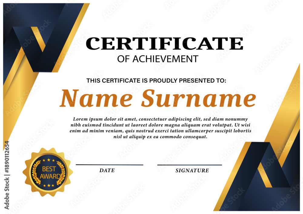 Obraz premium Modern Navy Blue and Gold Certificate Template with Abstract Sharp Corner Borders