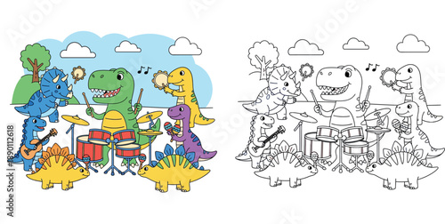 Cute cartoon dinosaurs playing musical instruments in a band, happy T-rex drummer and funny reptile friends concert illustration for kids.