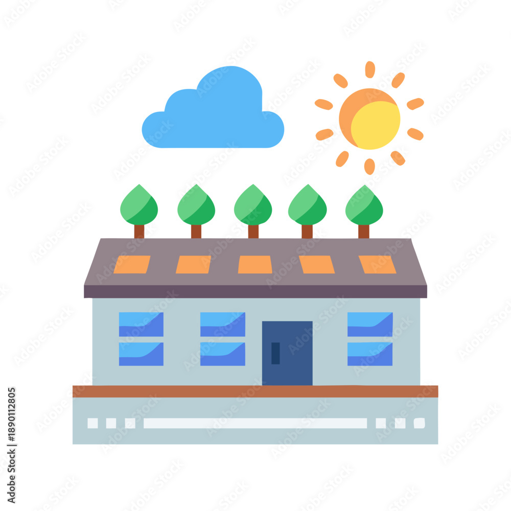 Obraz premium Eco-Friendly Building with Rooftop Garden in Flat Design Under Sun