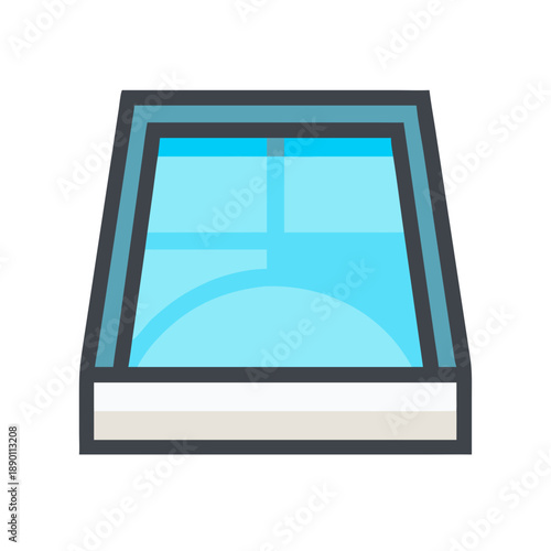 Stylized square window illustration with light blue glass and dark gray frame