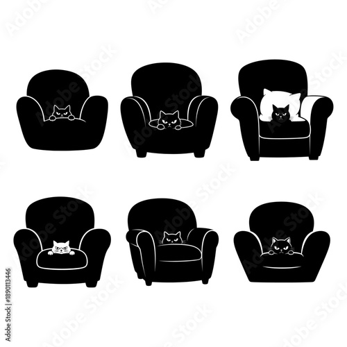 Set Of Grumpy Cat Silhouettes Peeking From Behind Armchairs Funny Vector Illustration