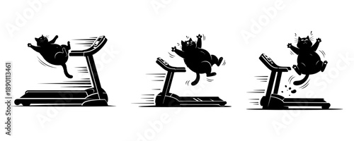 Set Of Funny Fat Cat Silhouettes Falling Off Treadmill Gym Humor Illustration