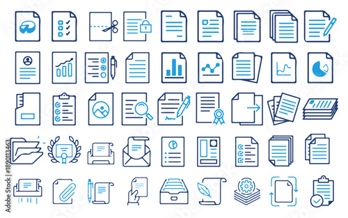Extensive set of line icons for document and file management, covering office and business tasks, folders, files, storage, and organization – modern vector illustration collection