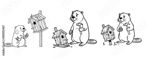 Set Of Clumsy Cartoon Beavers Failing To Build Birdhouses With Hammers DIY Humor