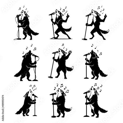 Set Of Funny Wolf Silhouettes Singing Into Microphone Musical Performance Illustration