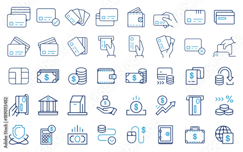 Comprehensive set of modern financial and banking icons, including payments, transactions, money transfers, credit, and digital banking operations – vector illustration set
