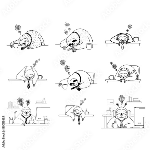 Set Of Funny Tired Sloth Businessmen Sleeping At Office Desk Line Art Illustration