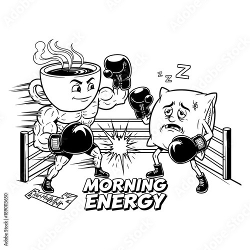 Funny Coffee Cup Boxing Character Punching Sleepy Pillow Morning Energy Illustration