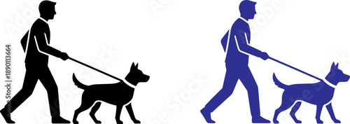 Simple graphic of man walking dog on leash in black and blue