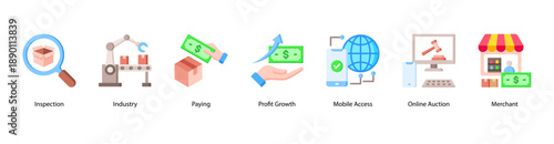 Modern Retail Solutions web banner icon vector illustration featuring Inspection, Industry 4.0, Paying, Profit Growth, Mobile Access, Online Auction, and Merchant.