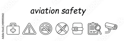 Collection of aviation safety line icons including first aid kit warning sign no smoking and security camera