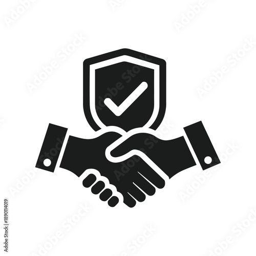 Handshake icon with protection shield and checkmark symbol isolated on transparent background representing business trust security