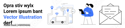 Logistics, delivery services, business communication, supply chain, digital tools, mail exchange. Package tracking with vehicle, map pin icons and a person with documents. Logistics and delivery