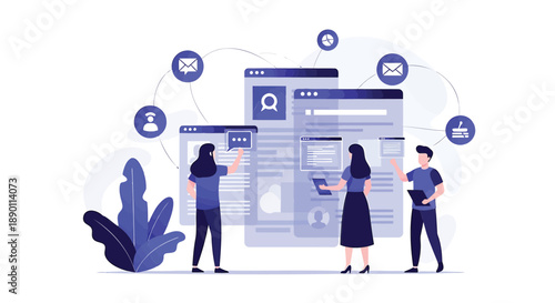 People interacting with large website browser windows and icons modern digital communication concept