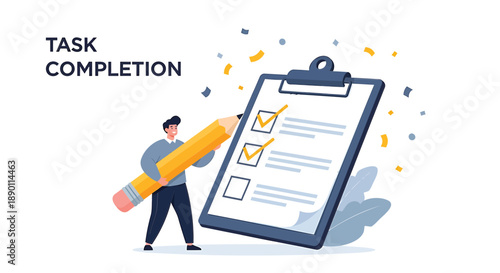Person completing task on clipboard checklist with satisfaction and productivity