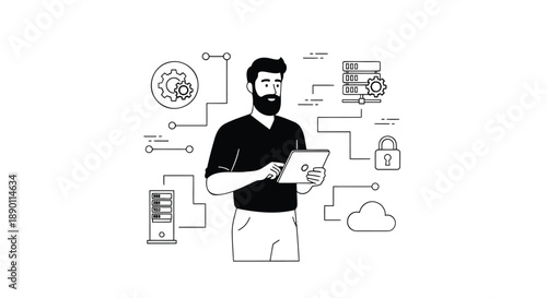 Man with beard holding tablet surrounded by digital security icons and flowchart