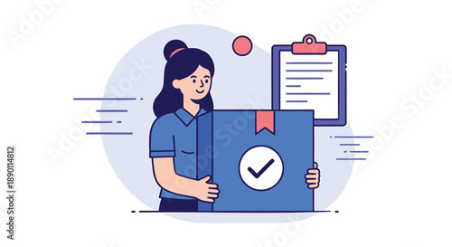 Woman holding a blue document with a checkmark and a clipboard with lines smiling and standing confidently