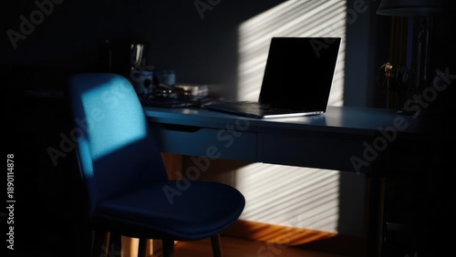 A closed laptop on a white desk with a blue chair, sunlight streaming through blinds and casting striped shadows. Concept Minimalist desk setup, Natural light through blinds, Striped shadows on desk © Anastasiia